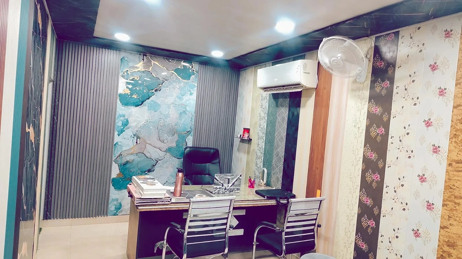 Interior studio wall and sample display area
